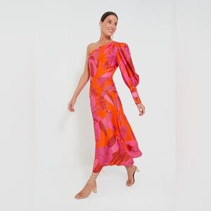 Farm Rio - Dewdrop Floral Red One Shoulder Midi Dress